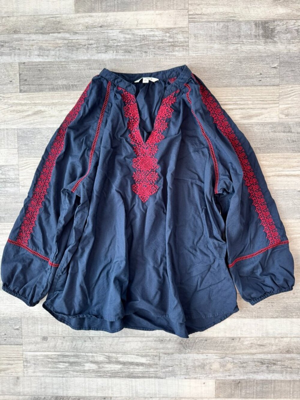The Pioneer Women Navy Blue Red Embroidery Long Sleeve Blouse Size 1X C15